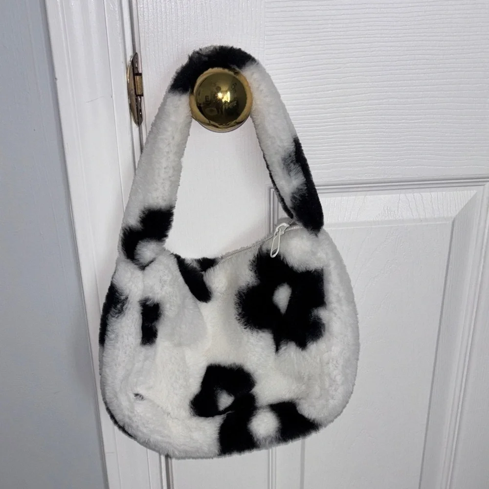 Black and white faux fur shoulder bag